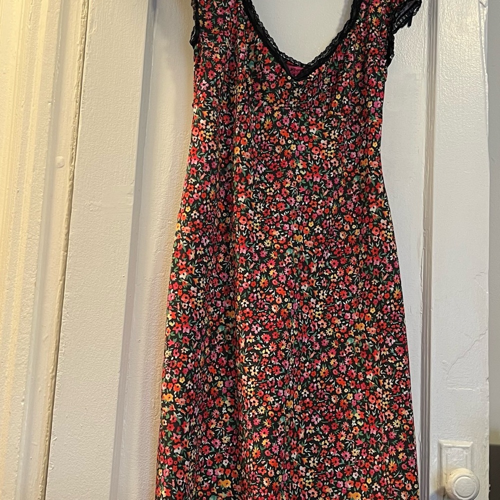Betsey Johnson Multicolor Floral Midi Dress with Black Lace